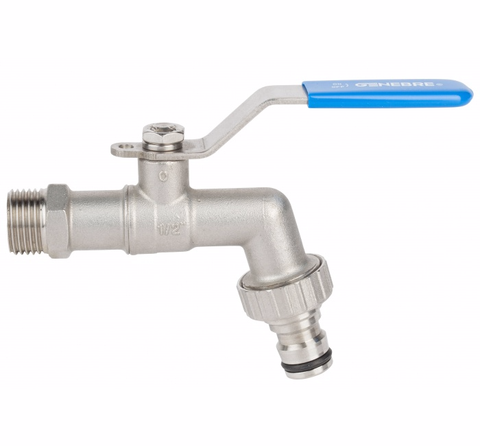 Кран шаровой стандартнопроходной GENEBRE 3063 04, DN015, PN16, корпус - AISI316 (CF8M), шар - AISI316 (CF8M), уплотнение - PTFE, НР/НР, для шланга, рукоятка-рычаг, резьба BSPP