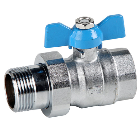 Кран шаровой полнопроходной GENEBRE 3046 05, DN020, PN25, корпус - латунь (CW617N), шар - латунь (CW617N), уплотнение шара - PTFE, НР/ВР, с накидной гайкой "американка", ручка-бабочка, резьба BSPP