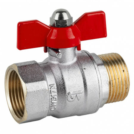 Кран шаровой полнопроходной GENEBRE 3038 06, DN025, PN25, корпус - латунь (CW617N), шар - латунь (CW617N), уплотнение шара - PTFE, НР/ВР, ручка-бабочка (красная), резьба BSPP