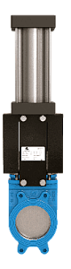 VA-013-01-0150-PN10-SsP-D/A-NBR Шиберная задвижка Valstok, серия VА, DN 0150, PN=10 Бар, пневмопривод двойного действия, корпус GJS-400-15 (GGG40), нож AISI304, седловое уплотнение NBR