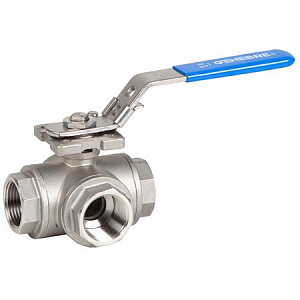 Кран шаровой трехходовой GENEBRE 2040 07, DN032, PN63, корпус - CF8M, шар - CF8M, уплотнение шара - PTFE+15% GF, ВР/ВР, стандартнопроходной, L-тип, ISO 5211, F05/F07, рукоятка-рычаг